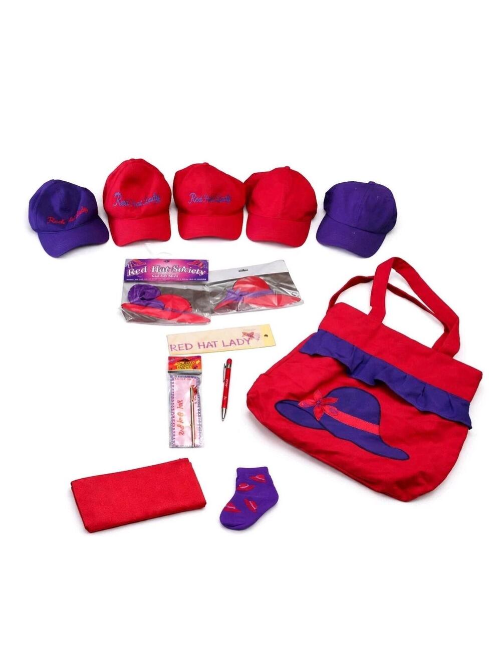 Red Hat Lady Society Lot Hats Bag Magnets + Accessories Set